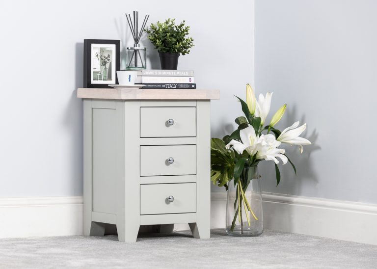 Hampshire Light Grey With Chalked Oak Tops 3 Drawer Bedside Cabinet | Fully Assembled