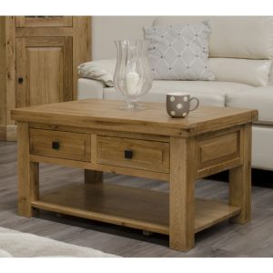 DLX3X2CT_1 Deluxe Solid Oak 2 Drawer Coffee Table - Side