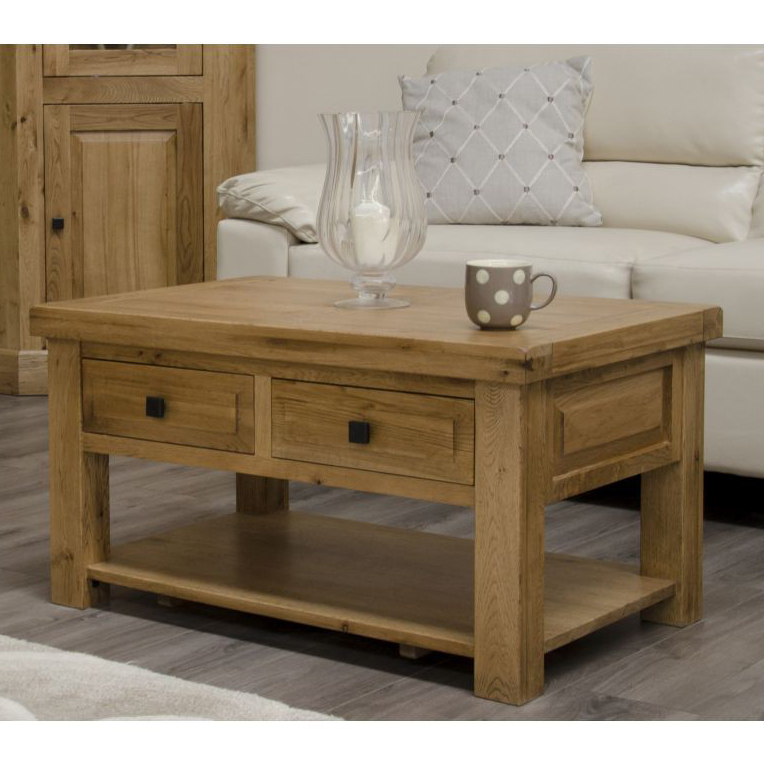 Deluxe Solid Oak 2 Drawer Coffee Table - Side