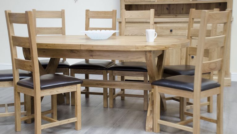 Deluxe Solid Oak X-Leg Oval Extending Dining Table