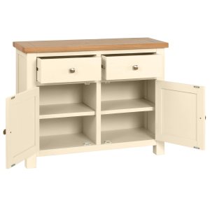 DPT051PI_painted_sideboard_2_drawers_doors_dining_living_hallway_storage_oak_top_ivory_open DPT051PI painted sideboard 2 drawers doors dining living hallway storage oak top ivory open