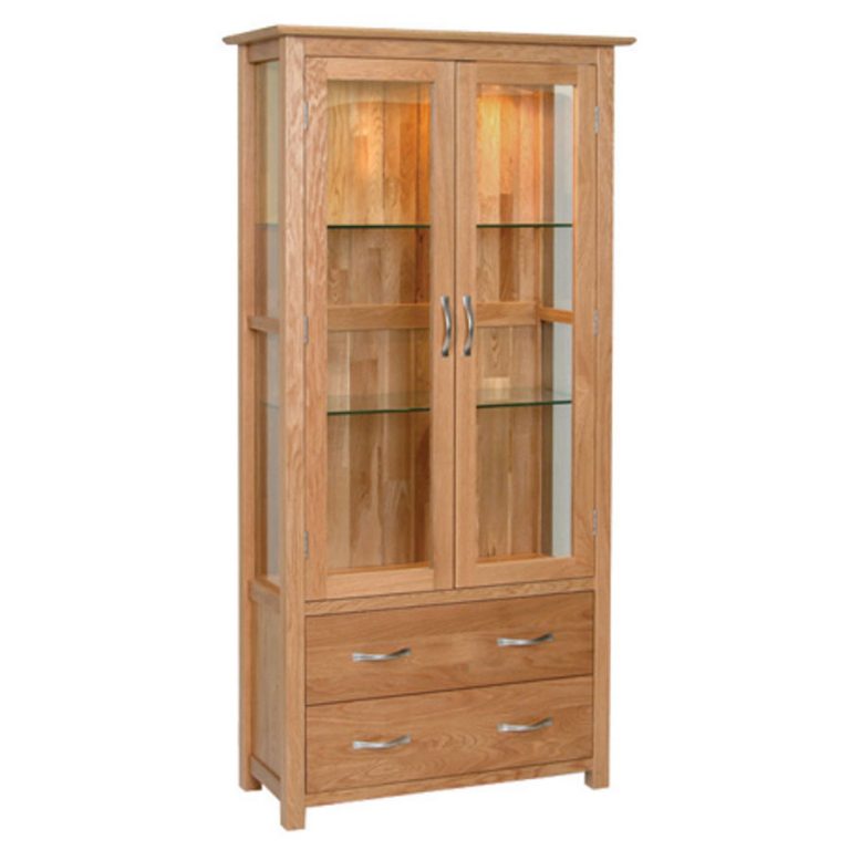 Devonshire New Oak Glass Display Unit With Light & 2 Drawers | Fully Assembled