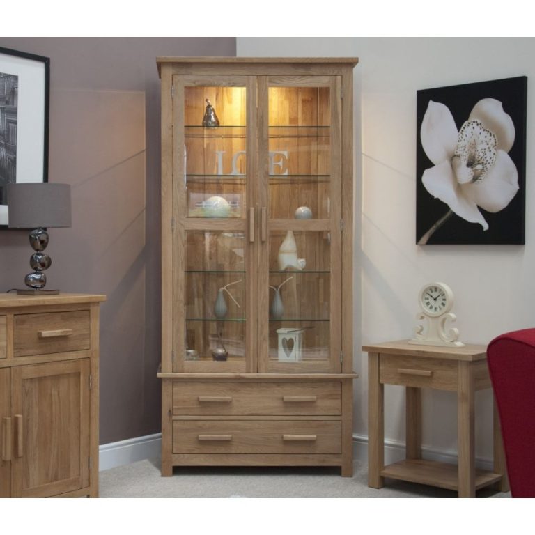 Homestyle Opus Solid Oak 2 Door 2 Drawer Glass Display Cabinet with Light | Fully Assembled
