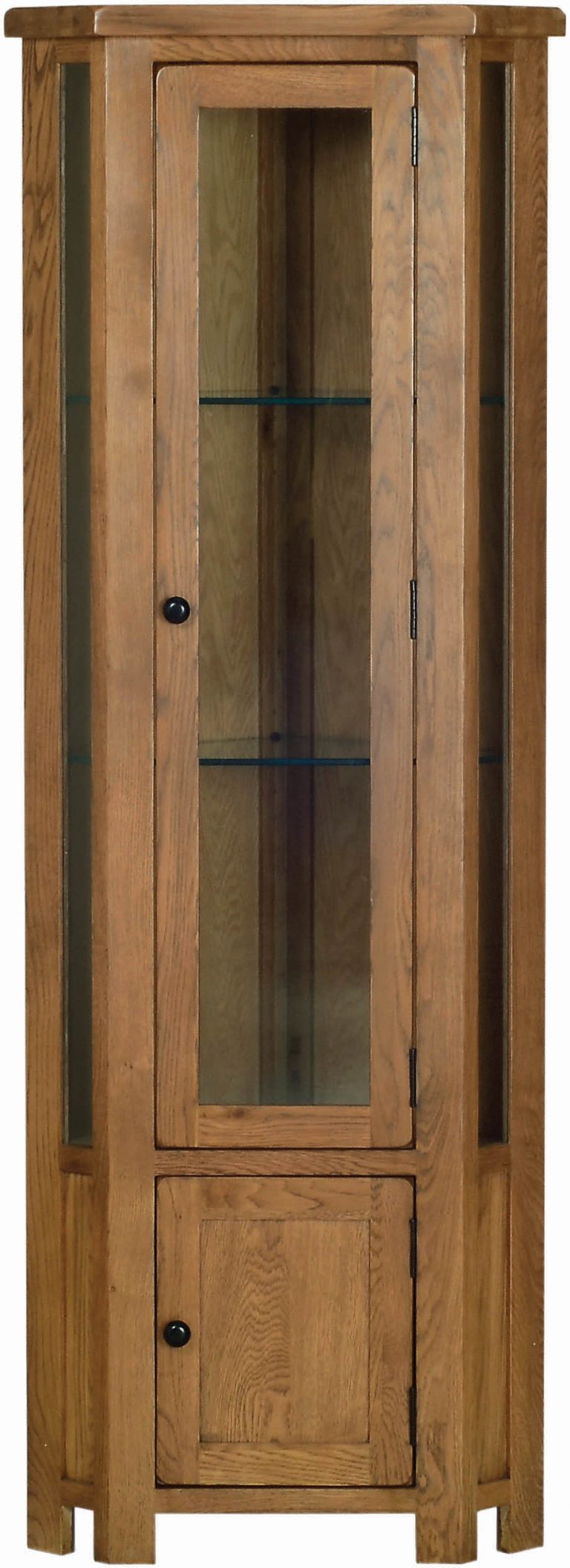 Devonshire Rustic Oak Corner Display Cabinet with Cupboard & Light | Fully Assembled