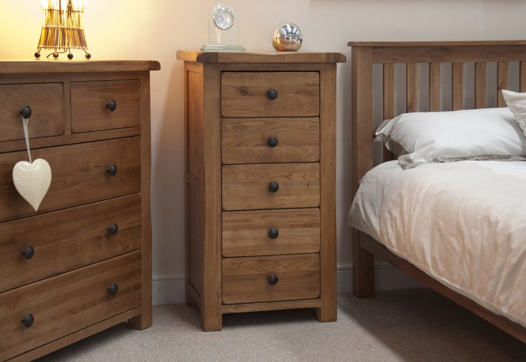 Rustic Solid Oak 5 Drawer Narrow Chest