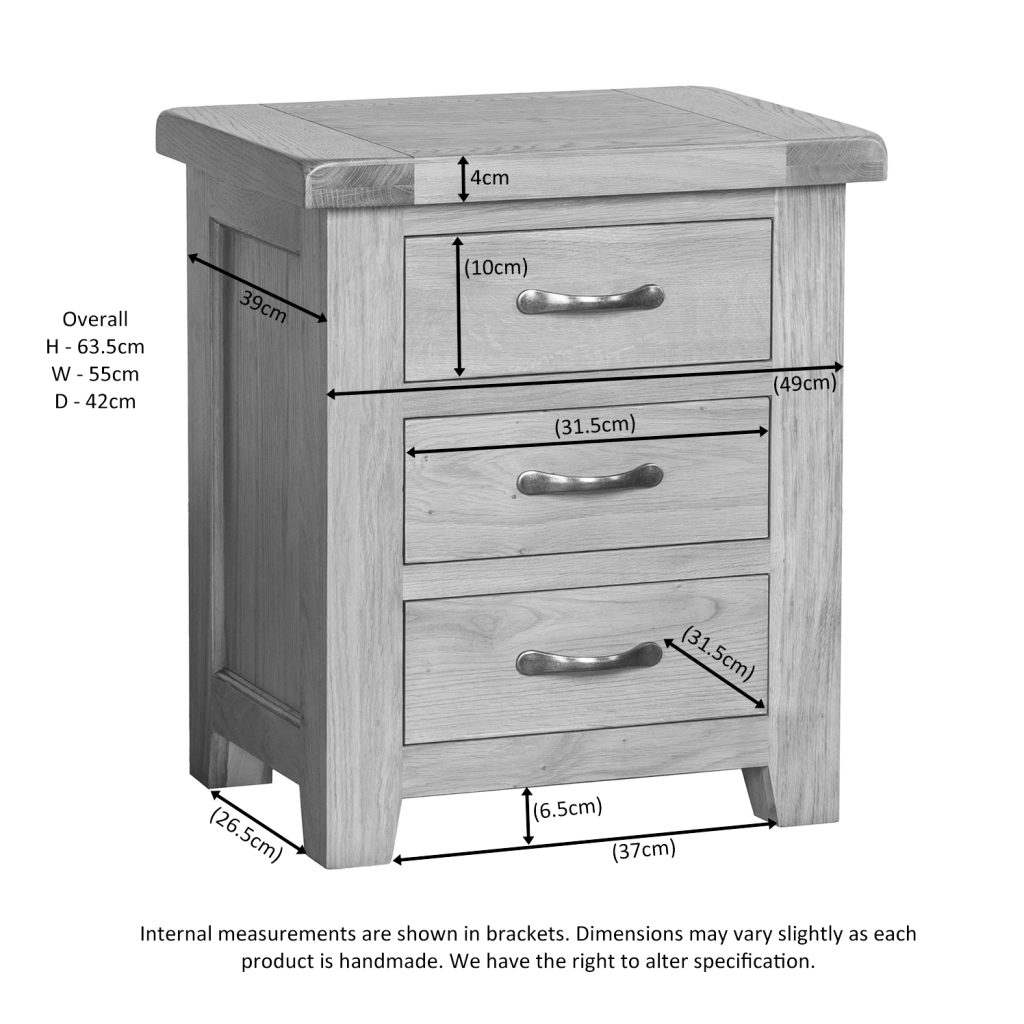 Somerset Waxed Oak 3 Drawer Bedside - Spec