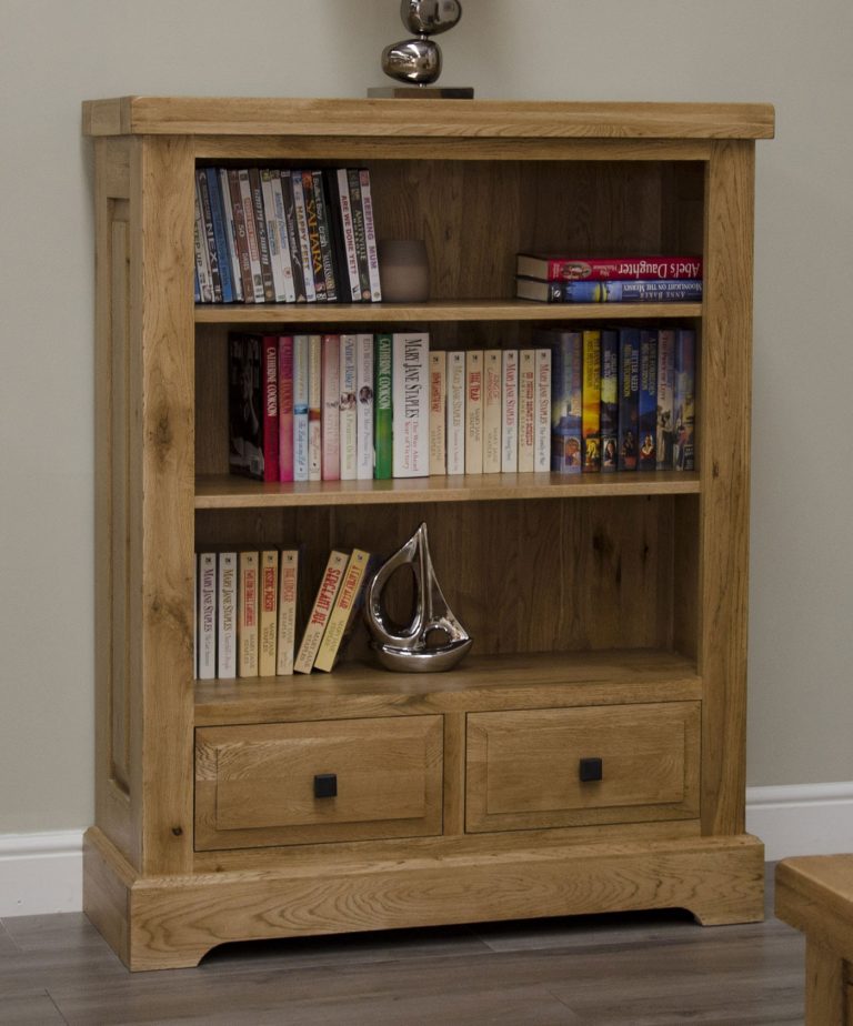 Homestyle Deluxe Solid Oak 2 rawer Small Bookcase | Fully Assembled