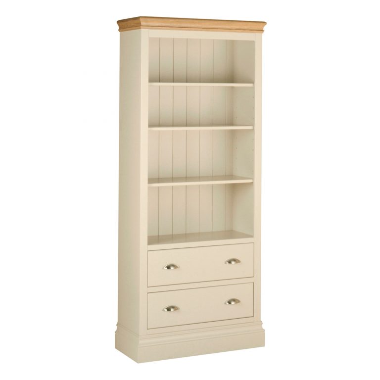 Lundy Painted Ivory With Oak Top  6′ Bookcase & Drawers | Fully Assembled