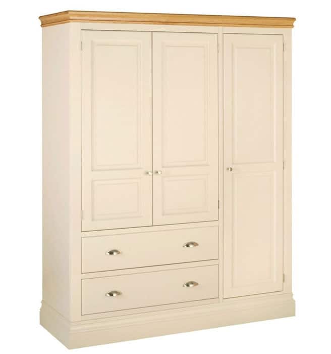 Lundy Painted Ivory With Oak Top  Triple Wardrobe with 2 Drawers & 3 Doors