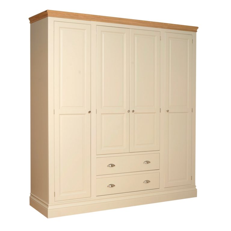 Lundy Painted Ivory With Oak Top 4 Door Quad Wardrobe with Drawers