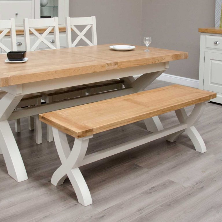 Deluxe Soft Grey With Oak Top X-Leg Dining Bench