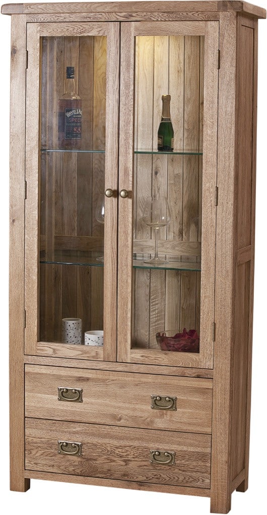 Suffolk Solid Oak Glass Display Cabinet with 2 Doors 2 Drawers | Fully Assembled