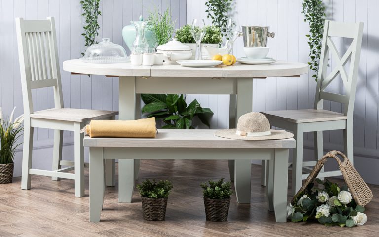 Hampshire Light Grey With Chalked Oak Tops Round Extending Dining Table (110cm – 150cm)