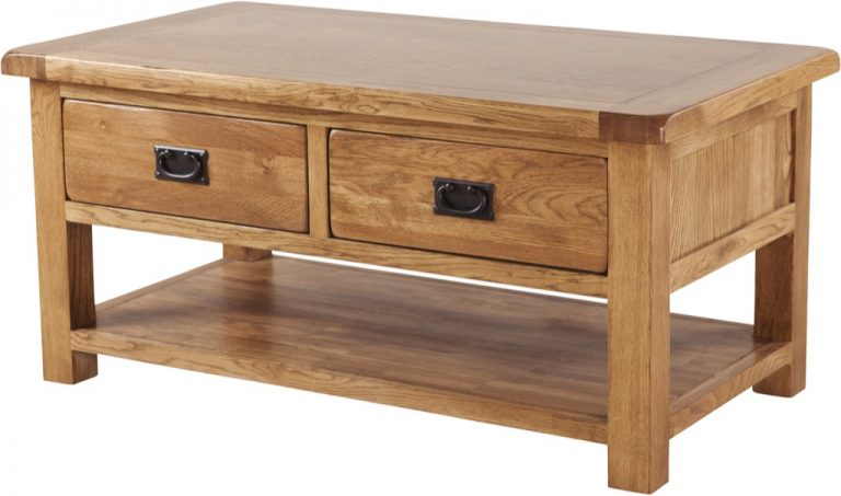 Country Rustic Oak Coffee Table with 2 Drawers and Shelf | Fully Assembled