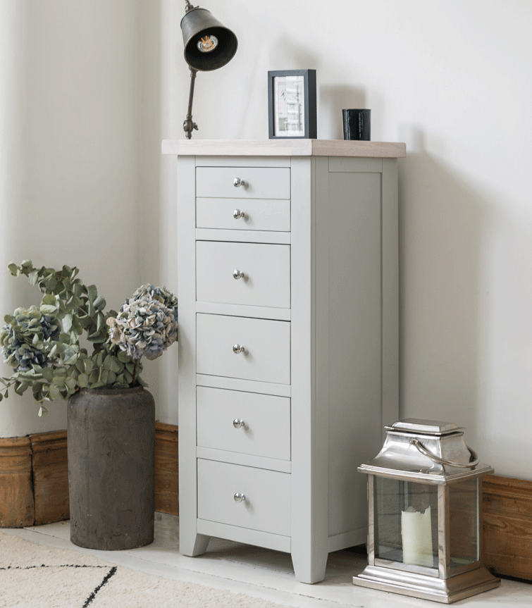 Hampshire Light Grey With Chalked Oak Tops 5 Drawer Wellington Chest | Fully Assembled