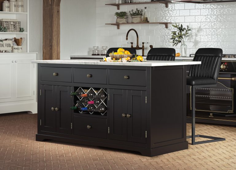 Oxford Kitchen Island Painted Black with White Granite Worktop | Fully Assembled