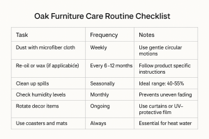 Top 10 Tips to Care for Your Oak Furniture and Keep It Looking New 3 Oak Furniture Care Routine Checklist showing tasks, frequency, and maintenance notes for preserving solid oak furniture